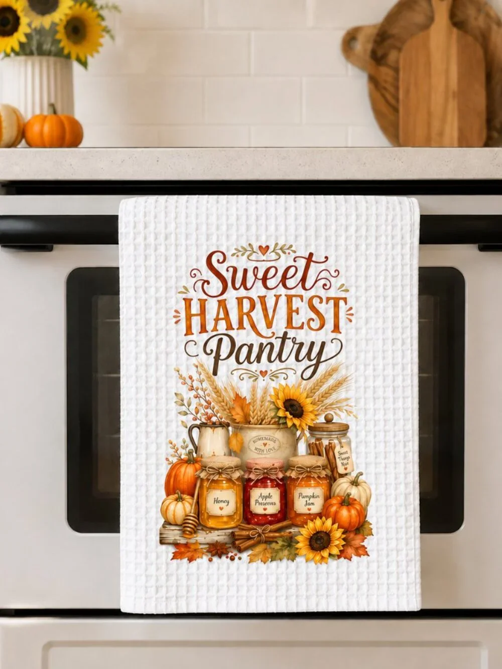 Sweet Harvest Pantry Fall Kitchen Towel, Pumpkin Sunflower Dish Towel
